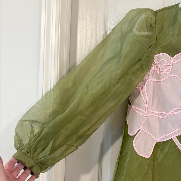 ASOS Edition Applique Floral Volume Sleeve A-Line Mini Dress Olive Pink Sz 6 NWT - Picture 8 of 12